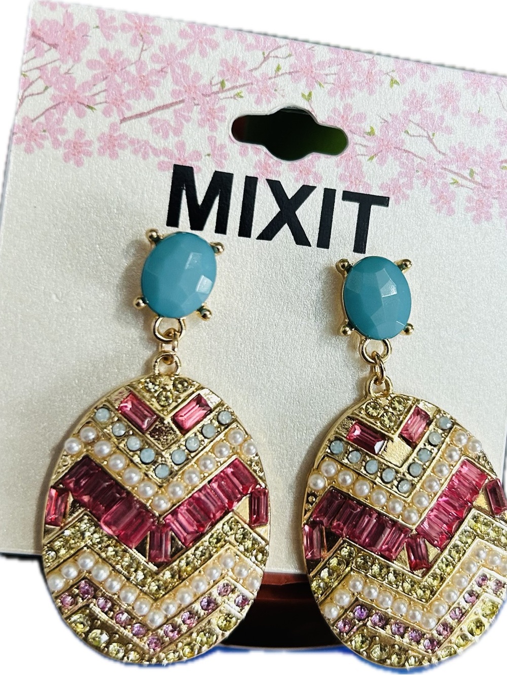 Mixit Pink Turquoise & Pearl Accented GoldTone Fashion Drop Earrings 2.25"